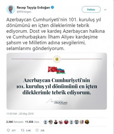 Ərdoğan Azərbaycan xalqını belə təbrik etdi – FOTO