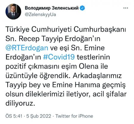 Zelenskidən koronavirusa yoluxan Ərdoğanla bağlı paylaşım