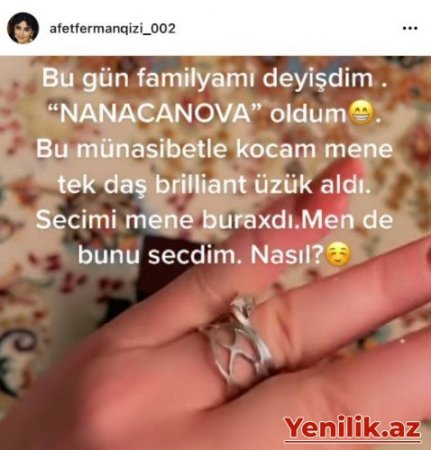 Afət Fərmanqızı: "Ərim mənə tək daşlı brilliant üzük aldı"