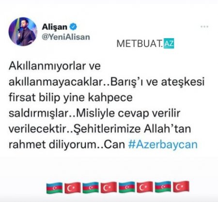 Türkiyəli məşhur müğənnidən Azərbaycana dəstək paylaşım - FOTO