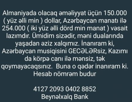 Xalq artisti 254 min üçün xalqa müraciəıt etdi: "Boğazımdakı şiş ümidlərimi qırdı" - FOTO